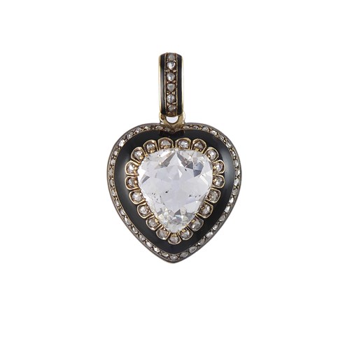 19th century diamond, black enamel and gold heart shaped locket pendant, French c.1850, the front featuring the principal old cut diamond of shield outline,